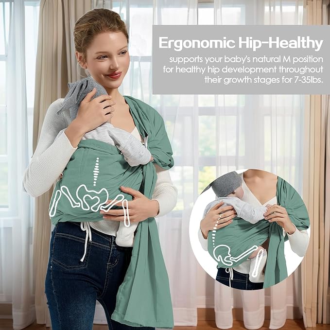 Baby Wrap Ring Sling 7-35 lbs, Baby Sling Carrier for Newborn, Toddler, Infant Holder, Lightweight Baby Carrier Wraps, Green-CubbioJoy