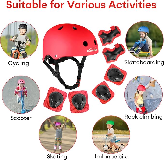 KAMUGO Kids Bike Helmet, Toddler Helmet for Ages 2-8 Boys Girls with Sports Protective Gear Set Knee Elbow Wrist Pads for Skateboard Cycling Scooter Rollerblading-CubbioJoy