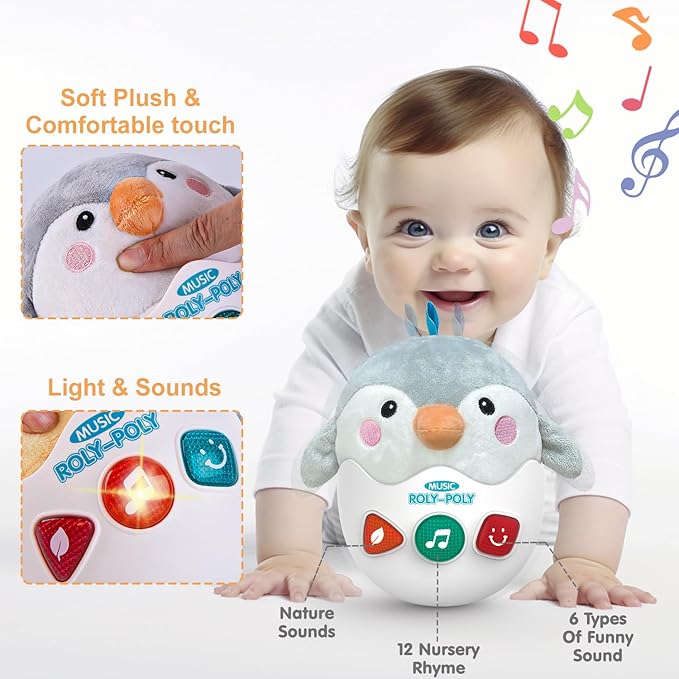 Infant Toys 0-3-6-12 Months Shower Gifts, Plush Cute Stuffed Animal Penguin Musical Baby Tummy Toys with Light & Sounds, Roly-Poly Easter Birthday Gift for Newborn Boys & Girls-CubbioJoy