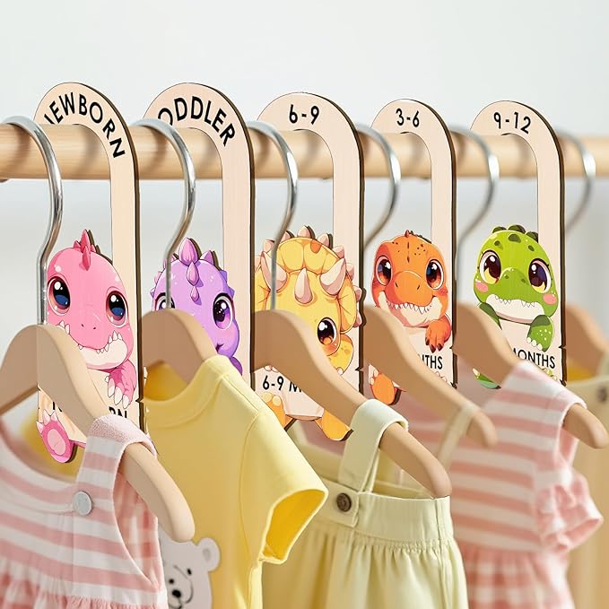 Baby Clothes Dividers for Closet - Wooden Baby Size Closet Dividers Newborn to 24 Months, Unique Dinosaur Design Babies Clothes Organizer for Nursery Decor Gender-Neutral Newborn Hangers (Set of 8)-CubbioJoy