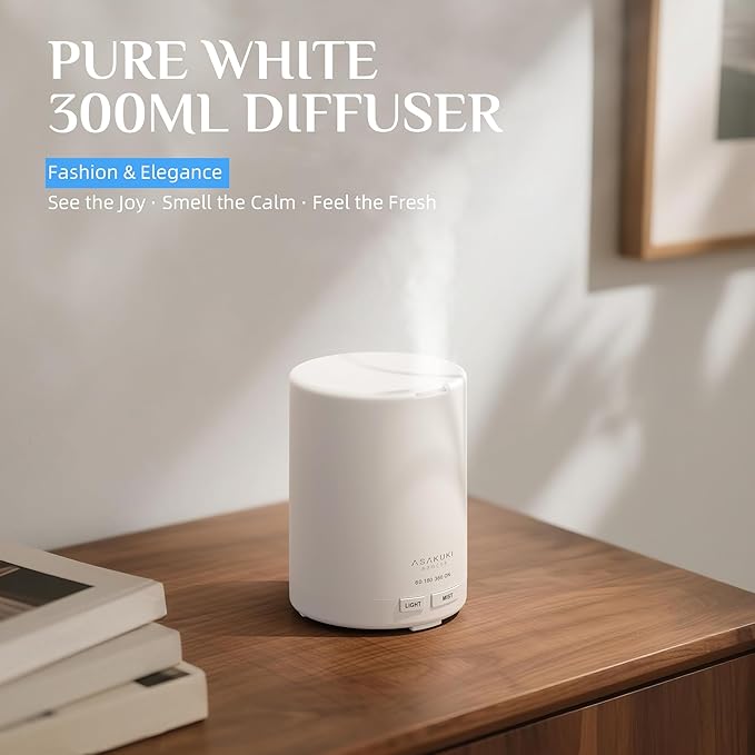 ASAKUKI Essential Oil Diffuser, 5-in-1 Quiet Humidifier, Home Fragrance Aroma Diffuser with 7 LED Color Changing Light and Auto-Off Switch (Pure White)-CubbioJoy
