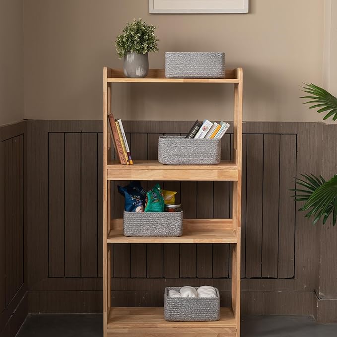 4 Pack Small Storage Shelf Baskets for Organizing, Mini Woven Rope Storage Bins for Towels, Cute Decorative Closet Organizer，Baby Nursery, Gift Empty Baskets -11.81''Lx7.87''Wx4.72''H-Grey-CubbioJoy