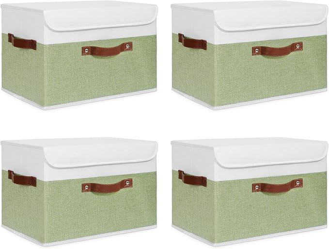 ANMINY 4PCS Storage Boxes with Lid Washable Decorative Storage Bins Basket with PU Leather Handle Foldable Linen Fabric Storage Cubes Containers for Home Closet Organizer - Green White, Large Size-CubbioJoy