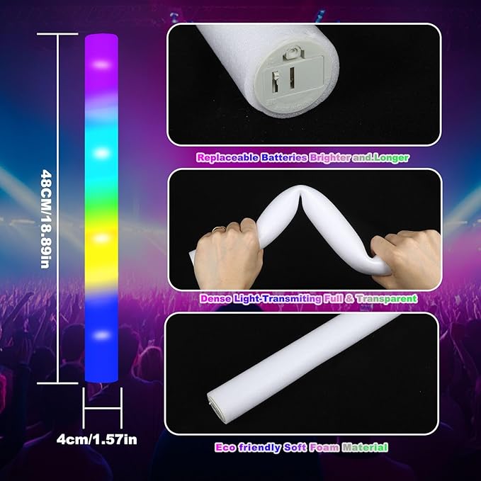 48-Count Foam Glow Sticks Party Pack - 4 Colors, Steady Bright Light Up Sticks for Weddings, Birthdays, Christmas, Halloween | Foam Glow Sticks Bulk Reusable, 6-Hr Glow, Eco-Friendly Foam-CubbioJoy