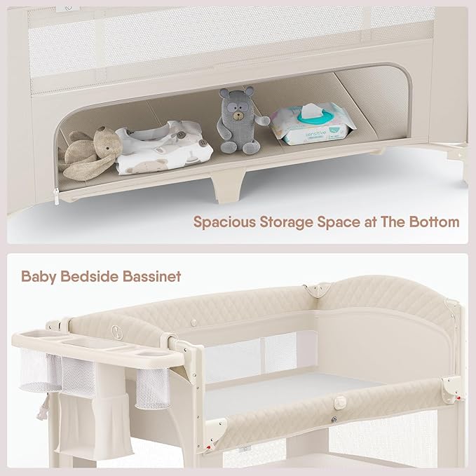 4 in 1 Baby Bassinet, Pack and Play, Bedside Crib Sleeper, Diaper Changer - Comes with Mattress, Mosquito Net，Bottom Storage and Toy Bar for Newborn to Toddles-CubbioJoy