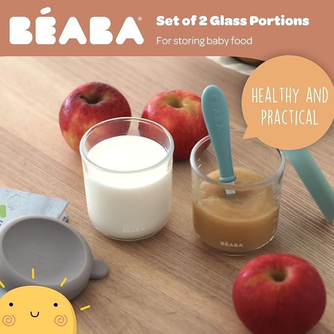 BEABA 4 Pack Glass Baby Food Jars with Soft Silicone Air Tight Lids, 8 oz Glass Storage Containers with Lids, Microwave and Freezer Safe Containers, Sunrise-CubbioJoy