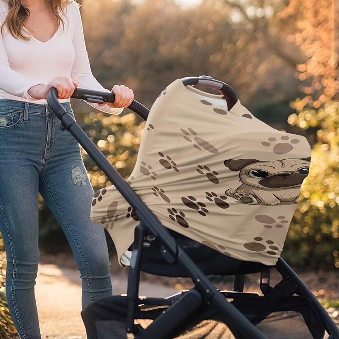 Binienty Brown Dog Paw Prints Infant Carseat Canopy for Boys Girls - Pug Animal Stretchy Breathable Soft Infants Stroller Cover Cozy Car Seat Covers-CubbioJoy