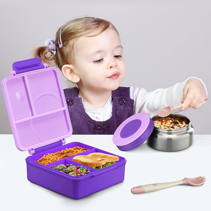 Bento Lunch Box for Kids with 8oz Soup Thermo&Lunch Bag, Leak-Proof Lunch Food Containers with 4 Compartment, Hot Food Insulated Food Jar for Kids School (Purple)-CubbioJoy