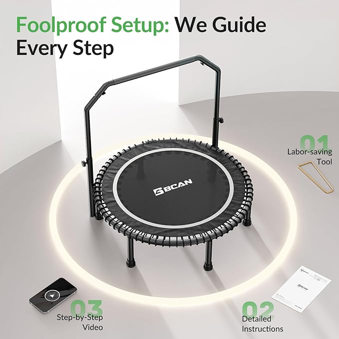 BCAN 40"/48" Mini Rebounder Trampoline for Adults with Bar, 450/550LBS Fitness Trampoline with Bungees, Adjustable Handle, Stable & Quiet, Indoor Outdoor, Whole-Body Workout & Relaxation at Home-CubbioJoy