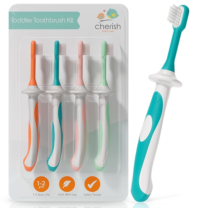 Cherish Baby Care Toddler Toothbrushes 1-2 Years (4-Pack) - BPA-Free & Safety-Tested Kids Toothbrush Kit, Designed by a Pediatric Dentist, Soft-Grip Toothbrush for Kids, My First Toothbrush Set-CubbioJoy