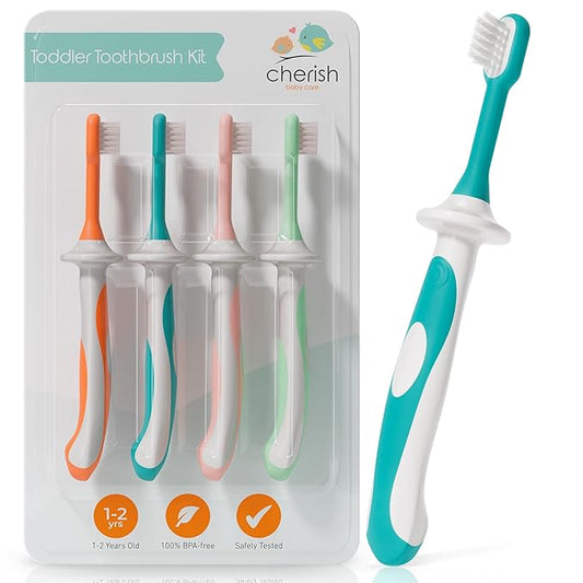 Cherish Baby Care Toddler Toothbrushes 1-2 Years (4-Pack) - BPA-Free & Safety-Tested Kids Toothbrush Kit, Designed by a Pediatric Dentist, Soft-Grip Toothbrush for Kids, My First Toothbrush Set-CubbioJoy
