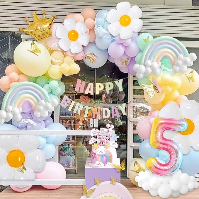 5th Birthday Decorations Girl, Slmeno Daisy Pastel Balloon Arch Kit 219Pcs, 5 Year Old Girl Pastel Rainbow Party Decorations, with Happy Birthday Banner, Cake Toppers, Gold Butterfly Decoration-CubbioJoy