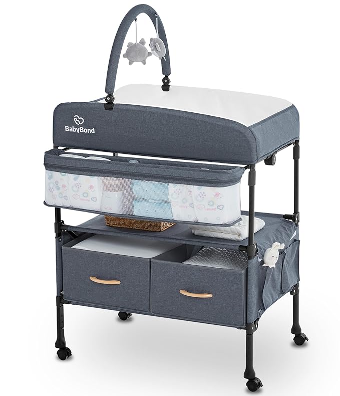 BabyBond Portable Baby Changing Table with 2 Storage Baskets, Foldable Diaper Changing Table Dresser Waterproof Height Adjustable Changing Station for Infant and Newborn(Grey)-CubbioJoy