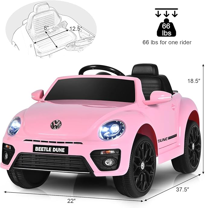 Costzon Ride on Car, 12V Licensed Volkswagen Beetle Battery Powered Vehicle w/Remote Control, Spring Suspension, Lights, USB, Horn, Music, 4 Wheeler for Boy Girl Gift, Electric Car for Kids, Pink-CubbioJoy