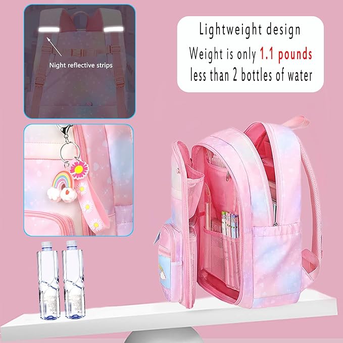 Kawaii Backpack, Pink Backpack for Girls, Kid Starry Rainbow Bookbag, Cute Backpack for Kids, Aesthetic Backpack, Pink(3 PCS Set)-CubbioJoy