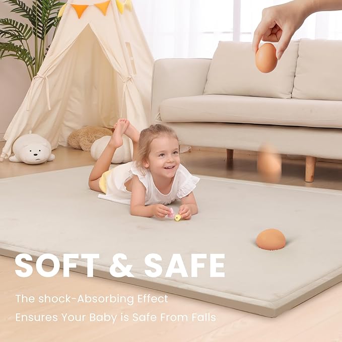Baby Play Mat for Floor,1.3" Thick Memory Foam Tummy Time Mat,Soft Coral Velvet Nursery Rug,Extra Large Non Slip Crawling Mat for Toddlers,Infants,kids,Yoga Mat,Tatami Mat for Living Room(Beige)-CubbioJoy