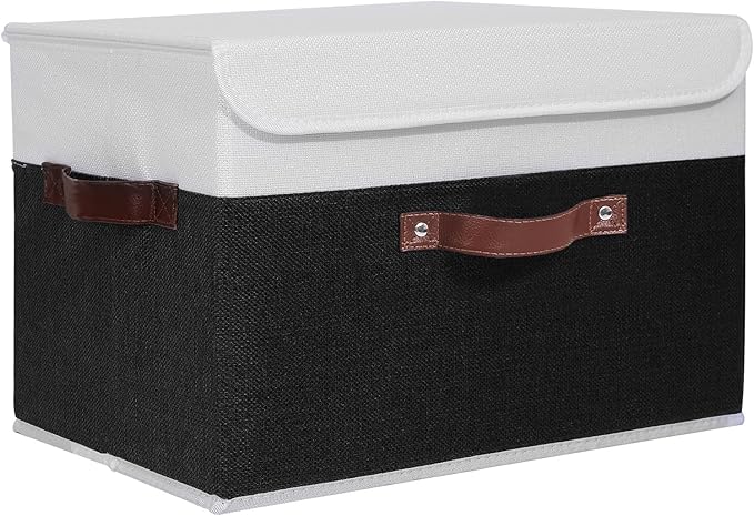 ANMINY Storage Boxes with Lids Washable Decorative Storage Bins Basket with PU Leather Handle Foldable Linen Fabric Storage Cubes Containers for Home Closet Organizer - Black White, Large Size-CubbioJoy