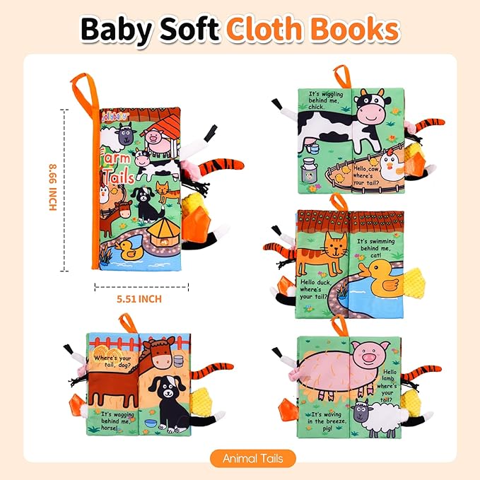 Jollybaby Baby Cloth Books, Touch & Feel Crinkle Soft Books, for Infants Babies, Toddler Early Educational Interactive Stroller Toys, Baby Girl & Boy Gift(Farm Tails)-CubbioJoy