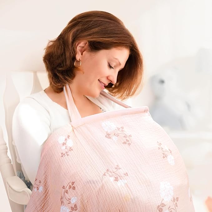 2 Pack Muslin Cotton Nursing Cover for Breastfeeding, Privacy Breathable Breastfeeding Cover Cover up with Arch Neckline for Mom, 100% Cotton Nursing Apron, Floral and Pink-CubbioJoy