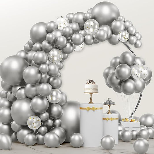 JOYIN 150 Pcs Metallic Silver Balloons, Different Sizes 18 12 10 5 Inch Silver Latex Balloon Arch Kit with Instruction for Birthday Party Graduation Wedding Holiday Decoration-CubbioJoy