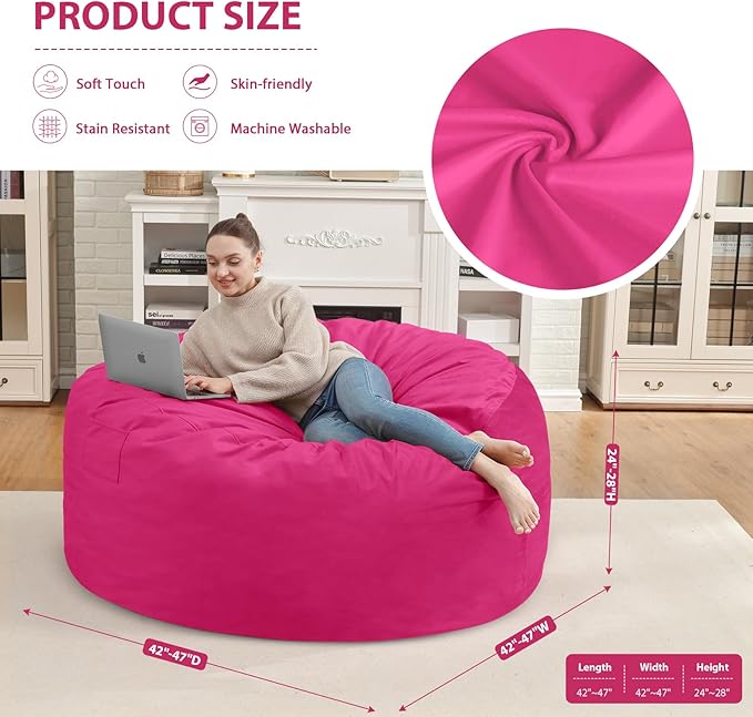 4FT Bean Bag Chair, Large Bean Bag Chairs with Memory Foam Filled, Fluffy Beanbag Sofa with Dutch Velvet Cover, Round BeanBag Chairs for Living Room, Playroom - Pink-CubbioJoy