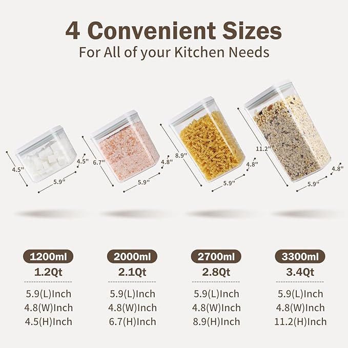 8 Pcs Pop Food Storage Containers Airtight Food Storage Containers Set with Lids Kitchen Pantry Organization and Storage, 3.4Qt, 2.8Qt, 2.1Qt, 1.2Qt-CubbioJoy
