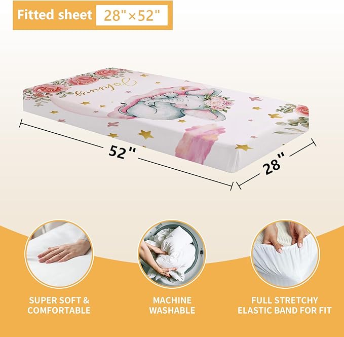 Custom Baby Crib Bedding Set, 5 Pcs Personalized Name Baby Crib Sets for Infant Toddler, Floral Elephant Nursery Bedding Set for Baby Girls, Double Layer Baby Bedding Sets Customized Gifts-CubbioJoy