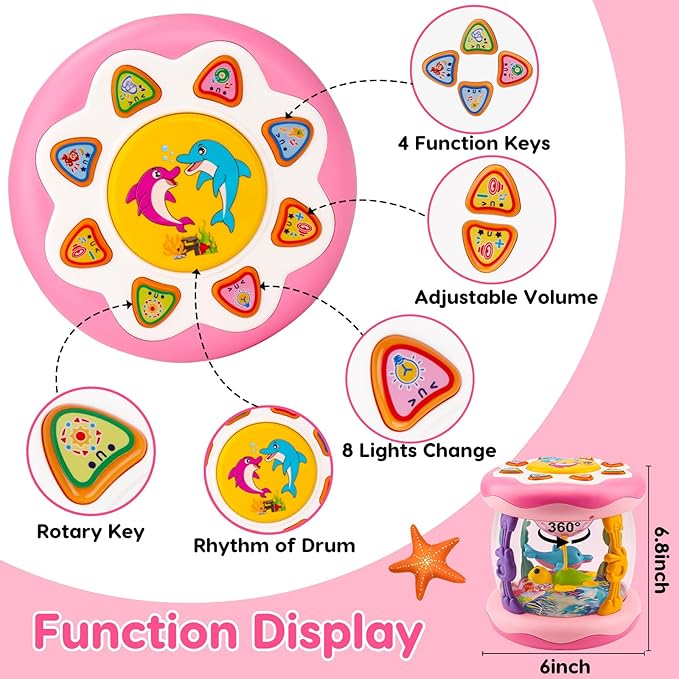Baby Musical Light Up Toys 0-6 Months Tummy Time Ocean Projector Rotating Infant 0-3 4 5 6 7 8 9 Months Baby Aquarium Crawling Pink Toys Babies 6-12 Month Girls 1 2 Year Old Birthday Newborn Gifts-CubbioJoy