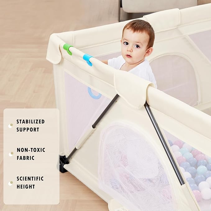 Baby Playpen Foldable, Playard for Babies and Toddlers, Portable Playpen Activity Center with 50 Balls+2 Handles for Travel, Indoor & Outdoor Play Pen with Mesh 50''x50''-CubbioJoy