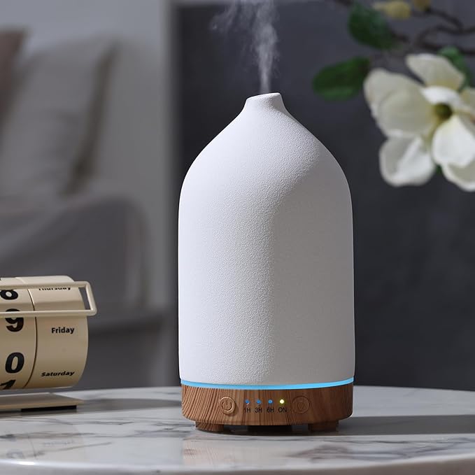 200ML Ceramic Essential Oil Diffuser - Ultrasonic Aromatherapy & Humidifier with 7-Color LED Lights, Auto Shut-Off, Wood Grain Base, 1H/3H/6H Timer | Scent for Home, Office, Yoga-CubbioJoy