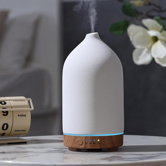 200ML Ceramic Essential Oil Diffuser - Ultrasonic Aromatherapy & Humidifier with 7-Color LED Lights, Auto Shut-Off, Wood Grain Base, 1H/3H/6H Timer | Scent for Home, Office, Yoga-CubbioJoy