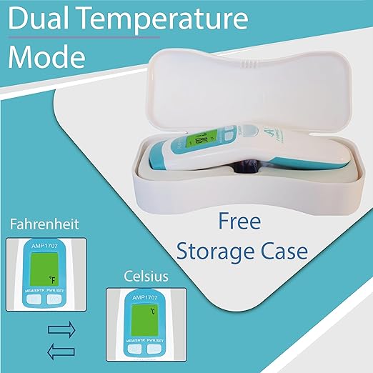 Amplim Non-Contact Forehead Thermometer & Case for Adults, Kids, Baby, FDA Cleared, Medical Grade, Touchless Infrared, 1-Sec Reading, Fever Alarm, Memory Recall, Quiet Mode, (White)-CubbioJoy