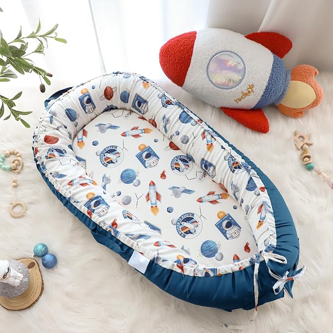 Baby Lounger Cover for Boys Girls, Reversible Baby Nest Cover, Adjustable Baby Lounger Replaceable Cover for Infant Newborn, Portable and Machine Washable, Cotton Blue Rocket Cover Only-CubbioJoy