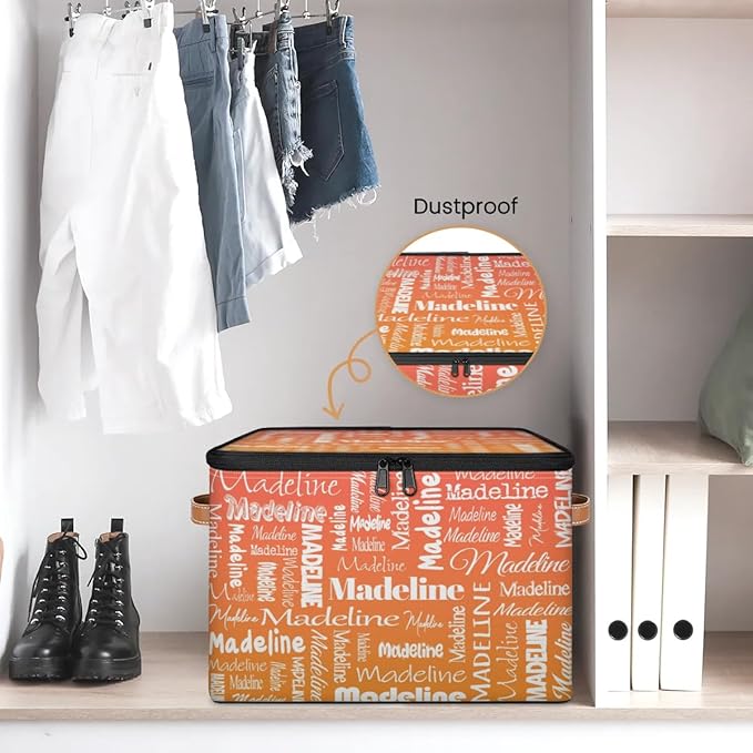 Custom Storage Basket with Name, Personalized Storage Bins with Zipper Lid, Foldable Fabric Storage Box Large capacity with Handle Orange-CubbioJoy