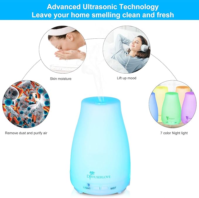 Diffuserlove 2 Pack 200ml Essential Oil Diffuser Ultrasonic Aromatherapy Diffuser Cool Mist Humidifiers with 7 Color LED Lights & Waterless Auto Shut-Off for Home Office Kitchen Bedroom-CubbioJoy