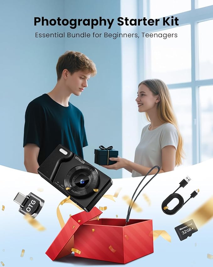 Digital Camera with Front Rear Lens, Autofocus 64MP 4K Camera for Photography with 32GB Card, Portable Compact Point and Shoot Camera for Teens Adult Beginner with Metal Shell, 2000mAh Battery-CubbioJoy