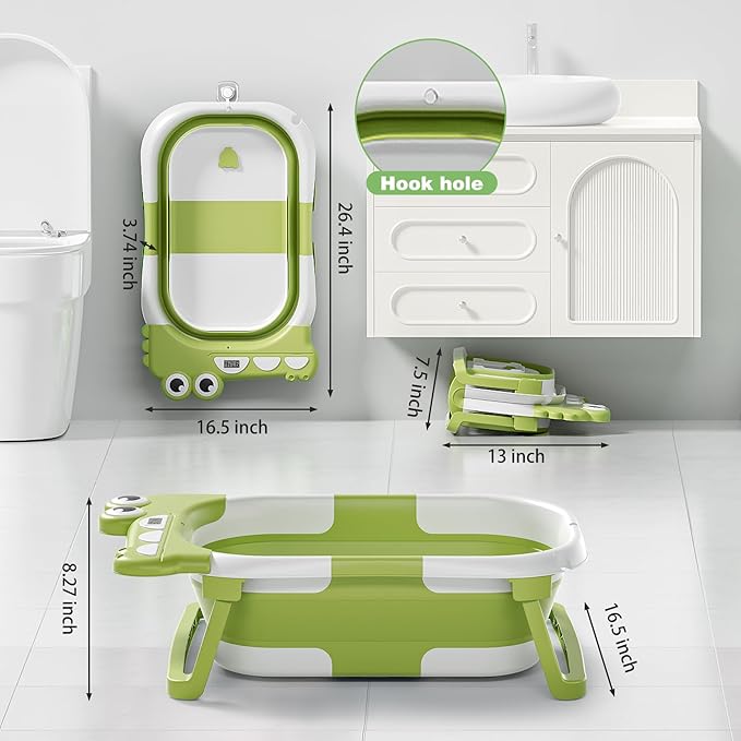 Collapsible Baby Bathtub for Newborn, Foldable Baby Bath Tub with Thermometer & Soft Floating Cushion & Drain Hole, Portable Travel Infant Bath Tubs for Newborns to Toddler 0-36 Months Girl, Green-CubbioJoy