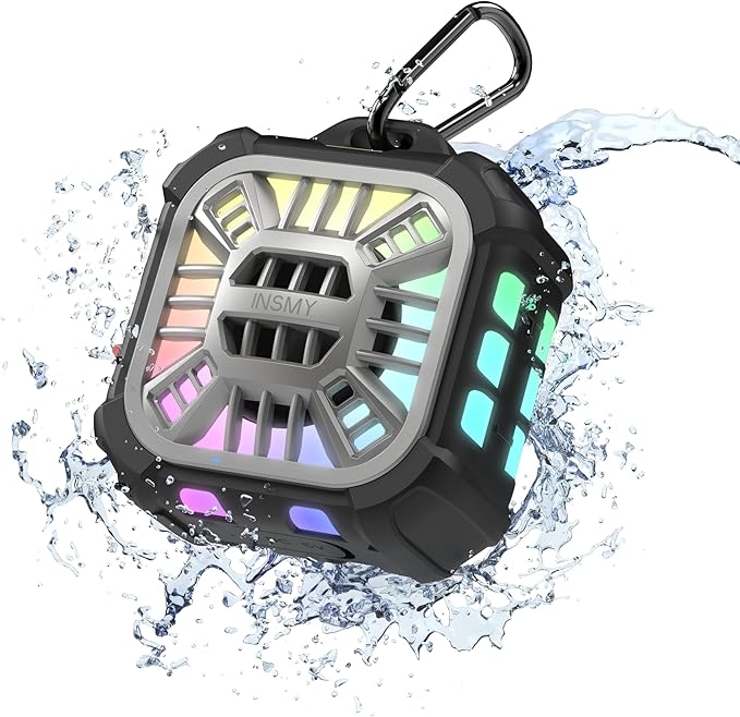 INSMY IP67 Waterproof Bluetooth Speaker, Shower Speaker Portable Small Clip-on, Multi Sync 100+ Speakers, Big Volume Booming Bass, 24H Playtime/Floatable/RGB Lights for Outdoor/Kayak/Beach (Black)-CubbioJoy