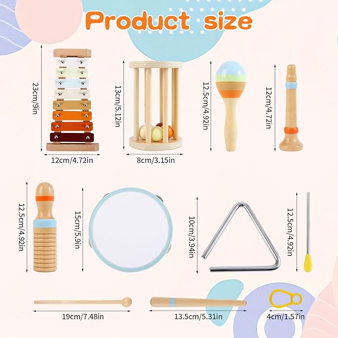 Baby Musical Instruments Neutral Colors Percussion Instruments Set Montessori Wooden Toys for Toddlers 1-3 with Xylophone for Kids Preschool Educational 3+ Wood Musical Toy 8pcs-CubbioJoy