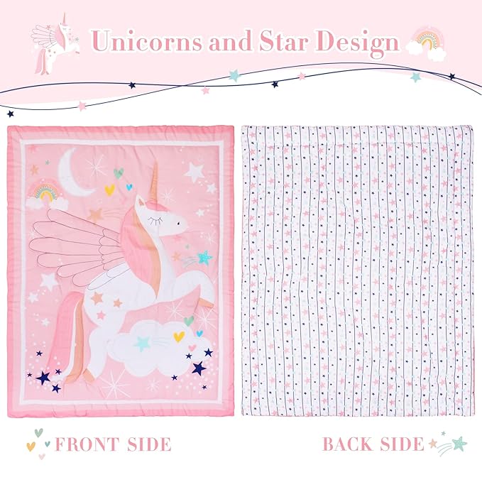 Cloele Pink Crib Bedding Set for Girls- 4 Piece Unicorns Baby Comforter Bed Set Includes Crib Skirt Quilt Fitted Sheet Toddler Pillowcase - Pink Soft Nursery Baby Bedding Set for Girls-CubbioJoy