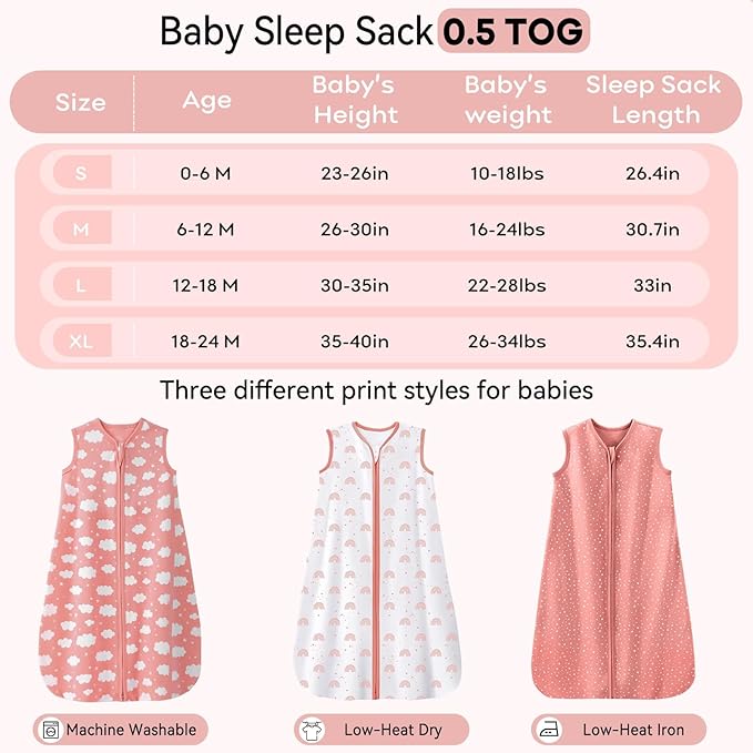 Baby Sleep Sack 6-12 Months 3 Pack 100% Cotton Lightweight 0.5 TOG Wearable Blanket Baby Sleep Bag with 2-Way Zipper for Newborn Infant Toddler Pink-CubbioJoy