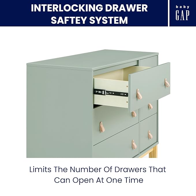 Delta Children babyGap Legacy 6 Drawer Dresser with Leather Pulls and Interlocking Drawers Greenguard Gold Certified, Sage Green w/Natural-CubbioJoy