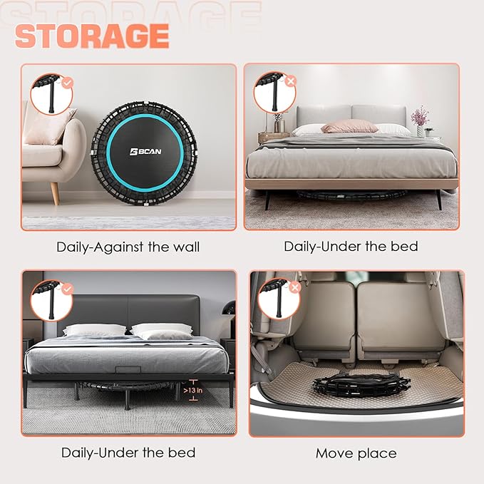 BCAN 40"/48" Mini Rebounder Trampoline for Adults with Bar, 450/550LBS Fitness Trampoline with Bungees, Adjustable Handle, Stable & Quiet, Indoor Outdoor, Whole-Body Workout & Relaxation at Home-CubbioJoy