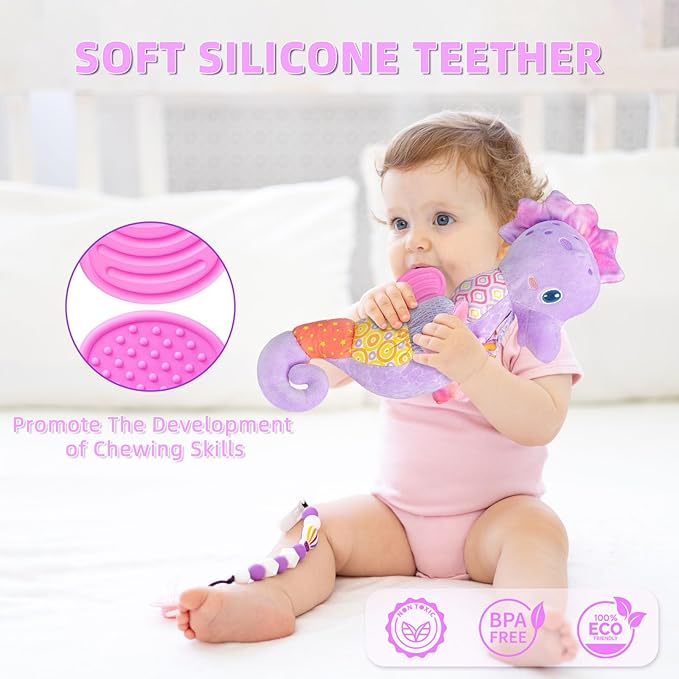 Baby Toys 0-6 Months,Infant Musical Seahorse Stuffed Animals Sensory Toys with Bright Colors,Multiple Textures,Rattles & Crinkle Sound Paper,Tummy Time Toy for Newborn Boys Girls 0-12 Months-Purple-CubbioJoy