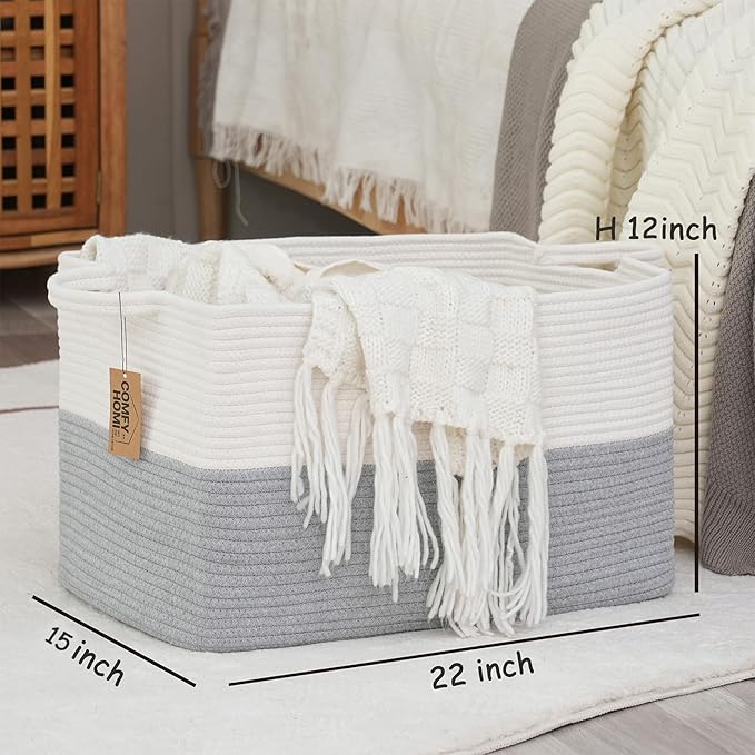 COMFY-HOMI Large Rectangle Laundry Storage Basket | Cotton Rope Woven, Organizing with Handle | Dirty Cloth & Baby Shower Basket | 22x15x12' - White/Grey-CubbioJoy