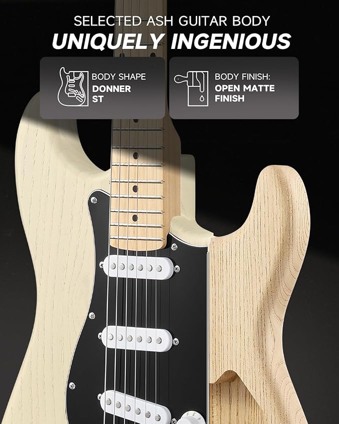DONNER DST-80 Electric Guitar 39” Beginner Electric Guitar Kit with Amp, Classic SSS Pickup Complete with Gig Bag, Tuner, Capo, Strap, Picks, and Free Online Lessons, Bone White-CubbioJoy