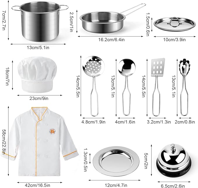 Juboury Pretend Play Kitchen Set - Toy Kitchen Accessories with Stainless Steel Cookware Pots and Pans, Plates, Cooking Utensils, Kids Chef Coat & Hat, Wooden Play Food for Kids, Girls, Boys, Toddlers-CubbioJoy