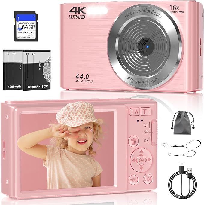 Digital Camera, FHD 4K 44MP Digital Camera, 16X Digital Zoom, Digital Point and Shoot Camera with 3-LED Fill Lights, 64GB SD Card, Compact Camera for Kids Teen Boys Girls, Pink-CubbioJoy
