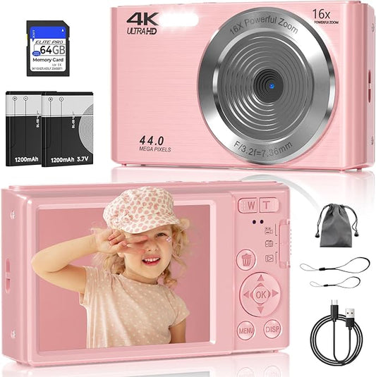 Digital Camera, FHD 4K 44MP Digital Camera, 16X Digital Zoom, Digital Point and Shoot Camera with 3-LED Fill Lights, 64GB SD Card, Compact Camera for Kids Teen Boys Girls, Pink-CubbioJoy