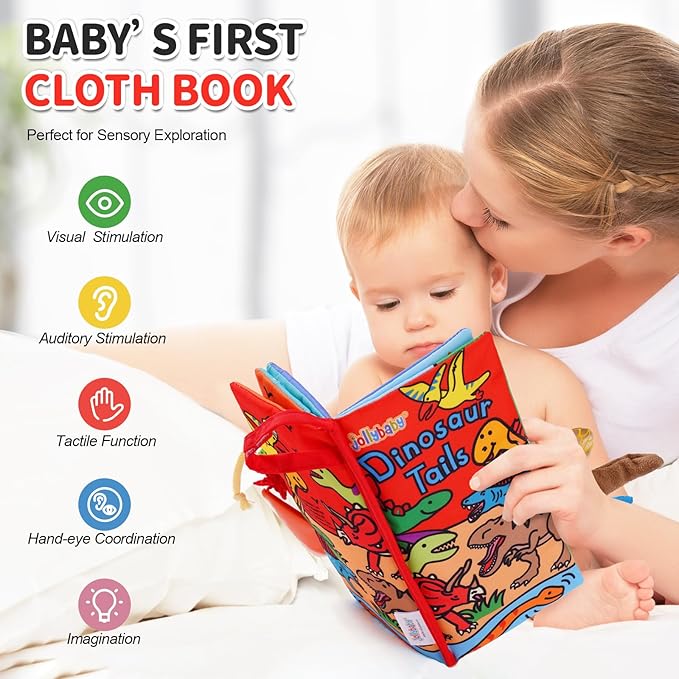 Jollybaby Baby Books 0-6 Months, Touch and Feel Crinkle Soft Cloth Books for Infants Babies, Toddler Early Educational Interactive Stroller Sensory Toys, Baby Girl & Boy Gift(Dinosaur Tails)-CubbioJoy